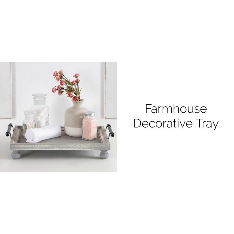 Distressed White Solid Wood Tray with Antique Metal Handles