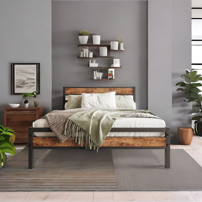 Queen Size Platform Bed Frame With Headboard, Double