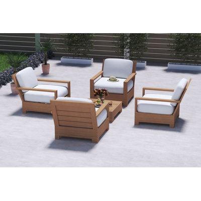 Teakstation 5 Pc Teak Wood Lounge Chair Set: 4 Lounge Chairs & Side Table With Cushions In Outdoor Sunbrella Fabric #5404 Canvas Natural