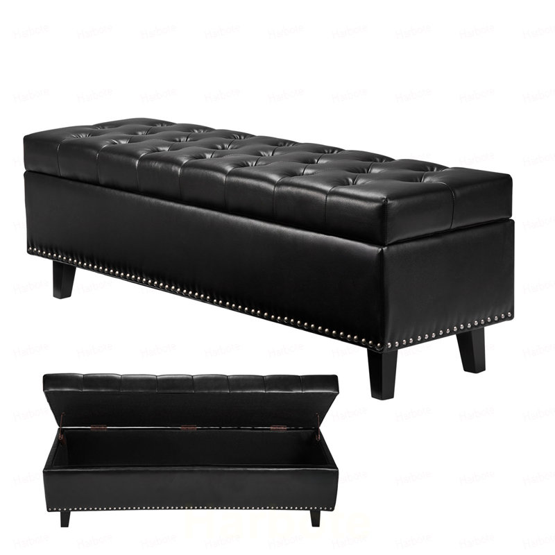 Banc en cuir de polyuréthane capitonné à boutons avec pieds en bois et rangement noir
