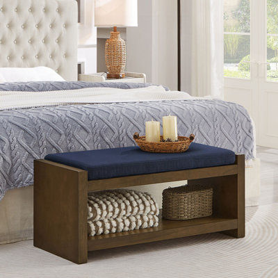 Wood Frame Storage Bench with Removable Cushion, Lower Shelf