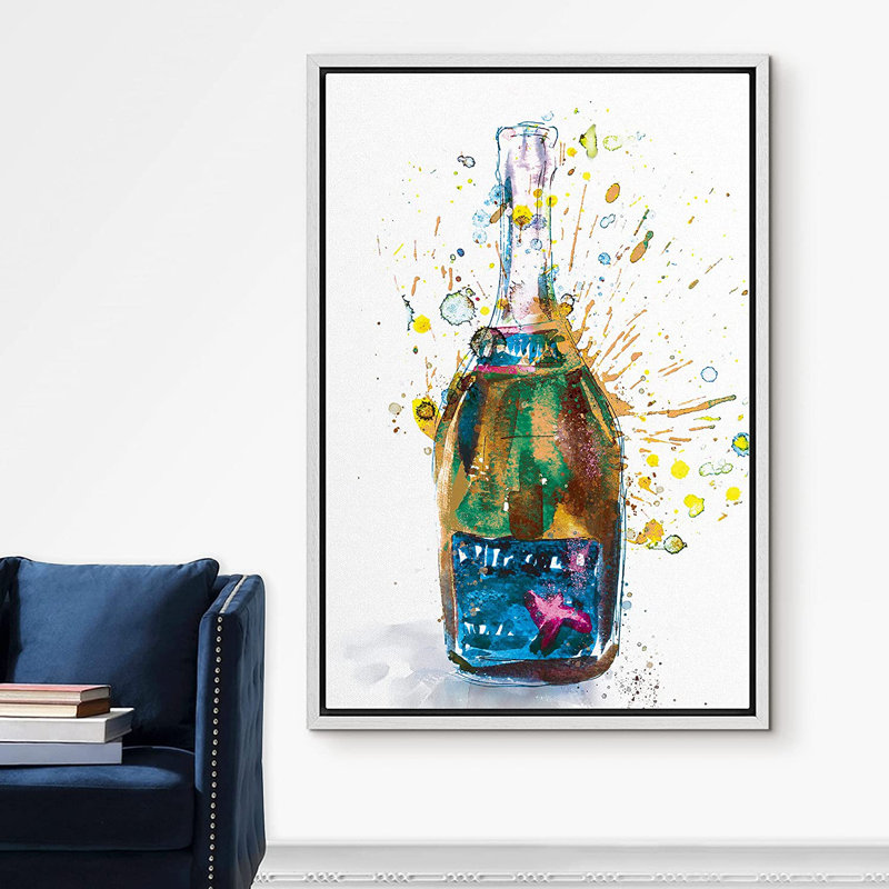Aquarelle, explosion, liqueur, bouteille, boissons, cocktails, peinture sur cadre flottant, 24" H x 16" W x 1.5" D