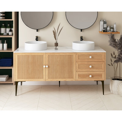 60 po X P 22 po P x 33 po Meuble-lavabo autoportant double H en chêne avec plateau en pierre blanche