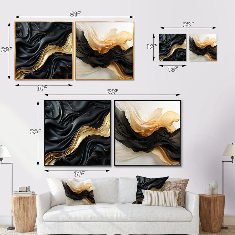 Gold and Black Soft Wave Fusion - Ensemble de 2 collages de formes abstraites carrées, Cadre flottant noir, H 30 po x l 61 po