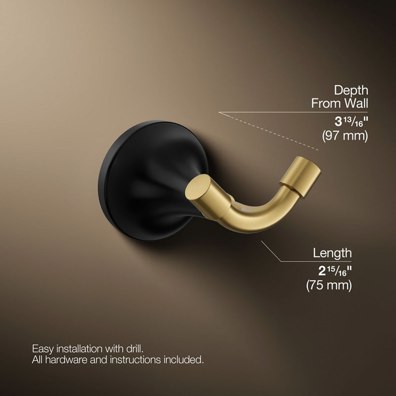 Tone Wall Mounted Robe Hook, Matte Black w/Moderne Brass