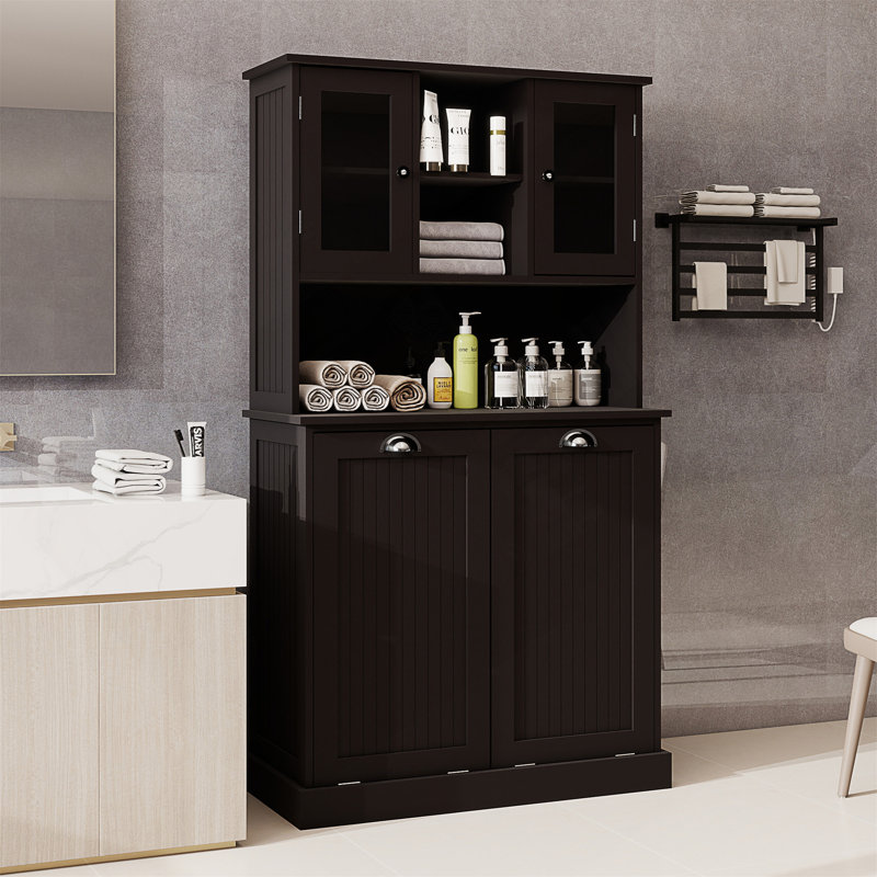Two-Compartment Tilt-Out Dirty Laundry Basket Tall Bathroom Cabinet With 2 Adjustable Shelves, Space-Saving And Durable Design