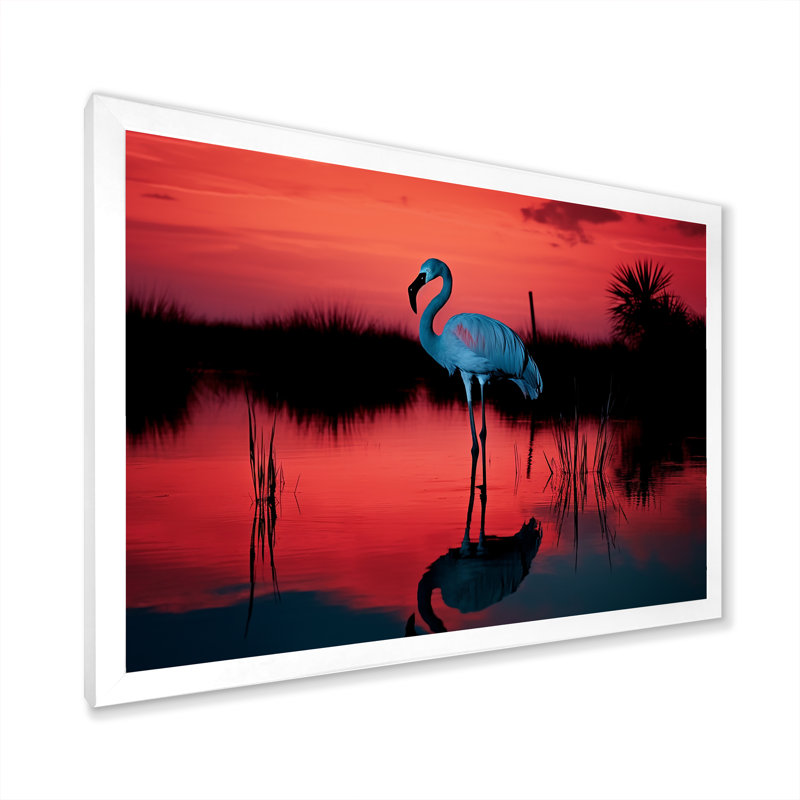 Flamant crépuscule I sur toile, Cadre simple blanc, H 16 po x l 32 po x P 1,5 po