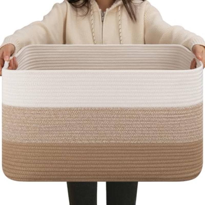 Large Blanket Basket For Living Room, Rectangle Woven Baskets For Storage, Nursery Toy Storage With Handle-22”X17”X12”-Gradient Light Yellow