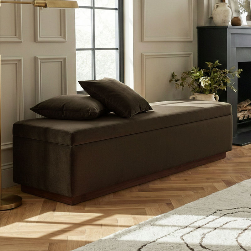 60" Wide Mid-Century Velvet Storage Bench With Solid Wood Base, Brown