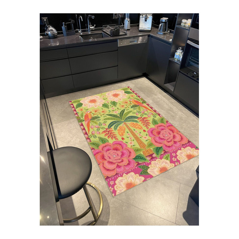 Tapis décoratif vert à motif perroquet et rose, Tapis de couloir 2 pi 6 po x 9 pi 10 po inclus
