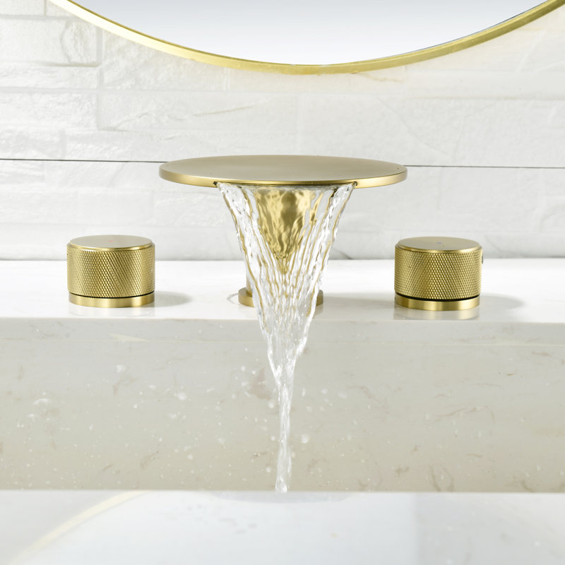 Solid Brass Widespread 2-handle Waterfall Bathroom Sink Faucet, Brushed Gold, No