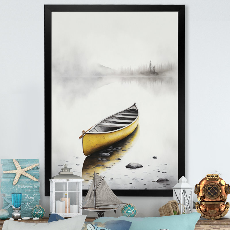 «Yellow Canoe On The Lake I» - art mural sur toile de bord de mer, H 20 po x l 12 po, Cadre photo noir