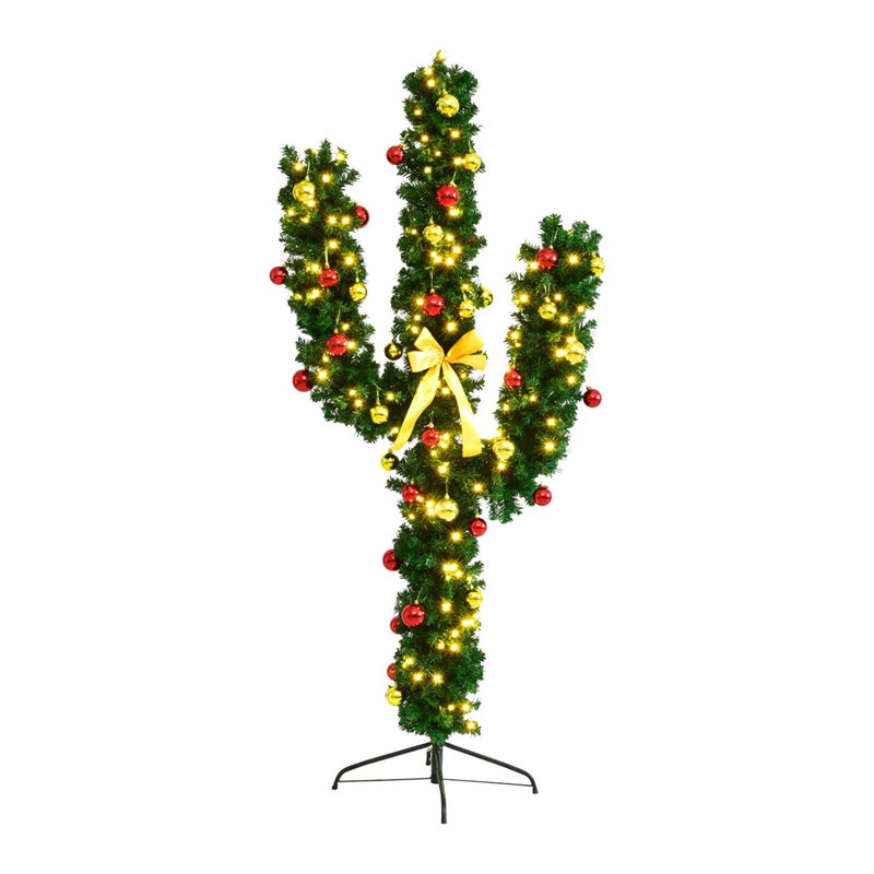 5ft Green PVC Cactus Christmas Tree with LED Lights and Bowknot
