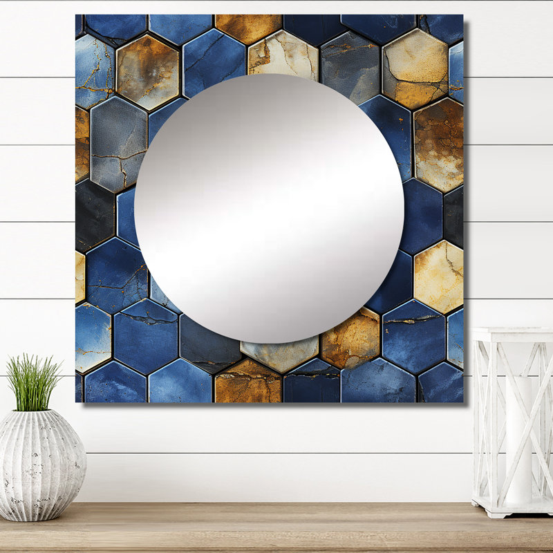 Gris et bleu Hexagone Symmetry - Art mural moderne carré en miroir pour salle de bain, 23 po x 23 po