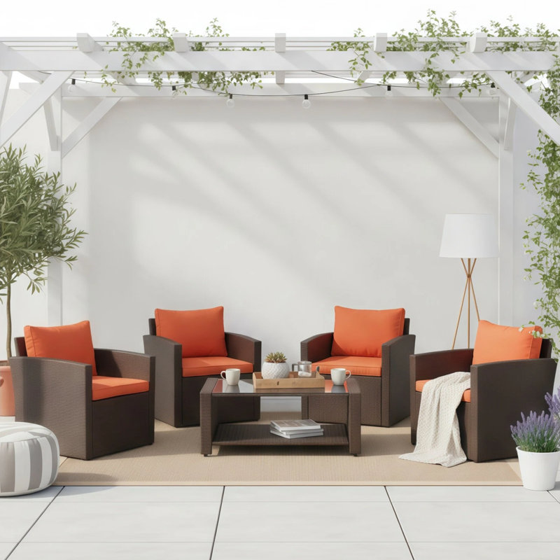Carlyssa 5 Piece Outdoor Rattan Sofa Seating Group with 2 Tiers Coffee Table, Off-White/Ivory