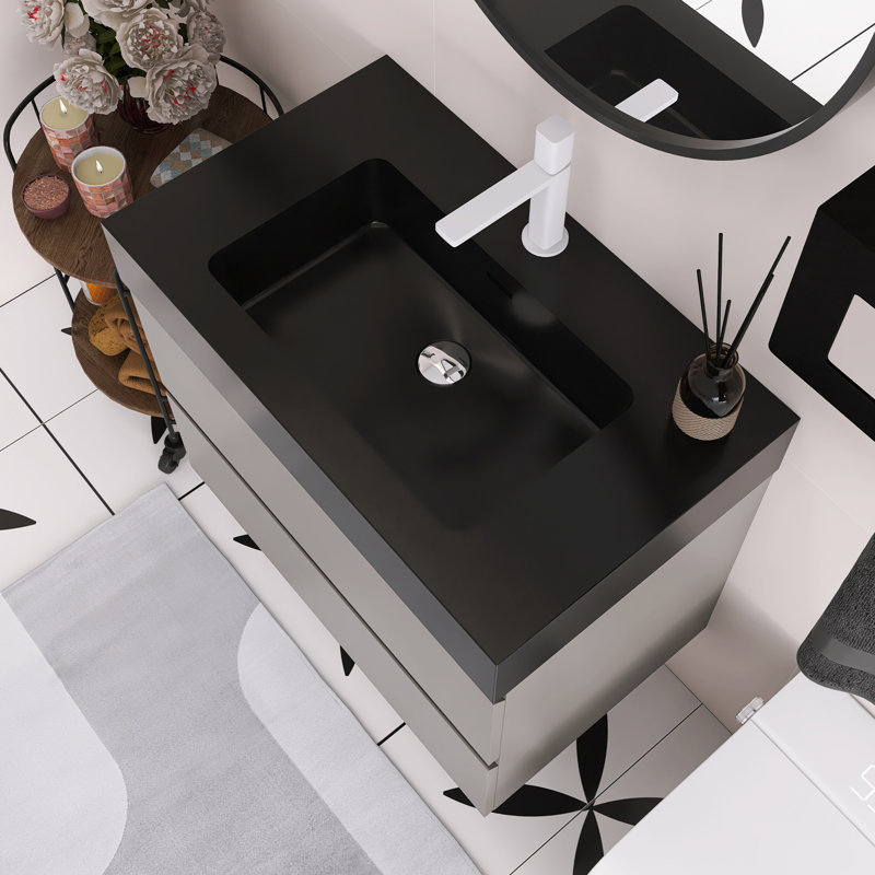 Meuble-lavabo flottant mural 30 po avec lavabo, Noir, Gris