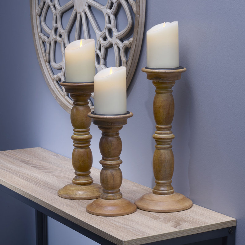 Natural Mango Wood Tabletop Candlestick Set, 3-Piece