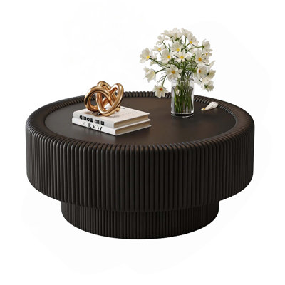 Table basse ronde moderne cannelée avec rangement en verre trempé et cuir de qualité supérieure de 31,5 pouces