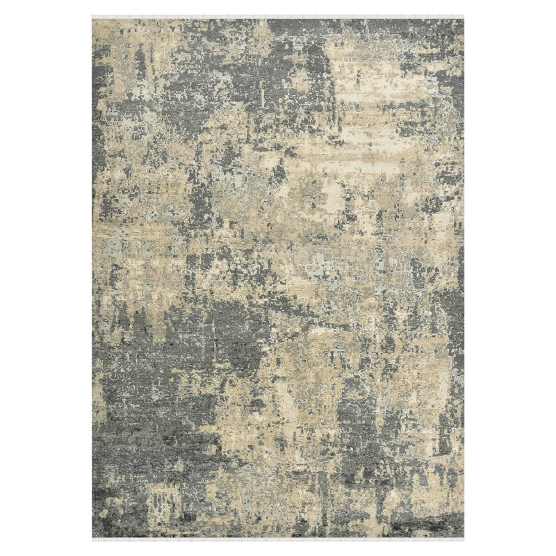 Hand-Knotted Gray and Tan Abstract Wool Silk Rug 2' x 3'