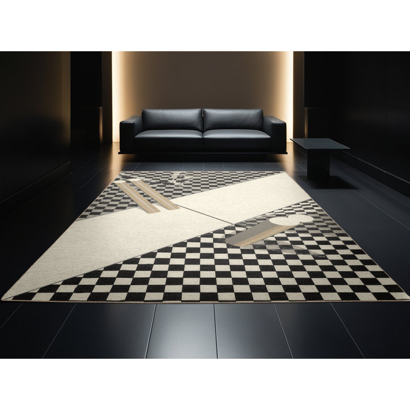 Machine Washable Aguilar Cricket Wicket Scene Modern Checkered Rug in Beige – Beige Binding, 4 x 6
