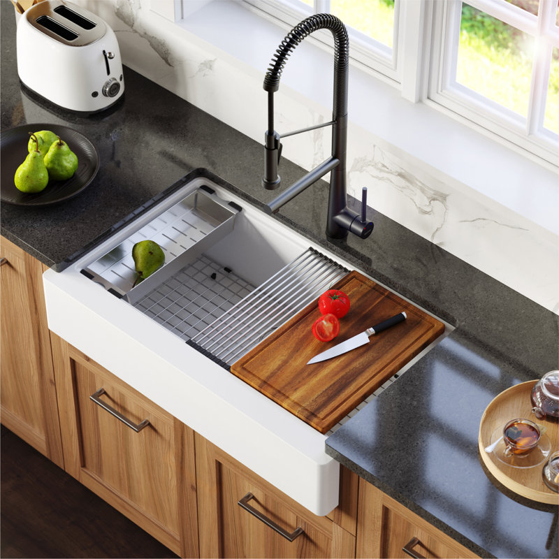 Karran Quartz 34'' X 21-1/4'' Single Bowl Retrofit Farmhouse Apron Front Workstation Kitchen Sink, White