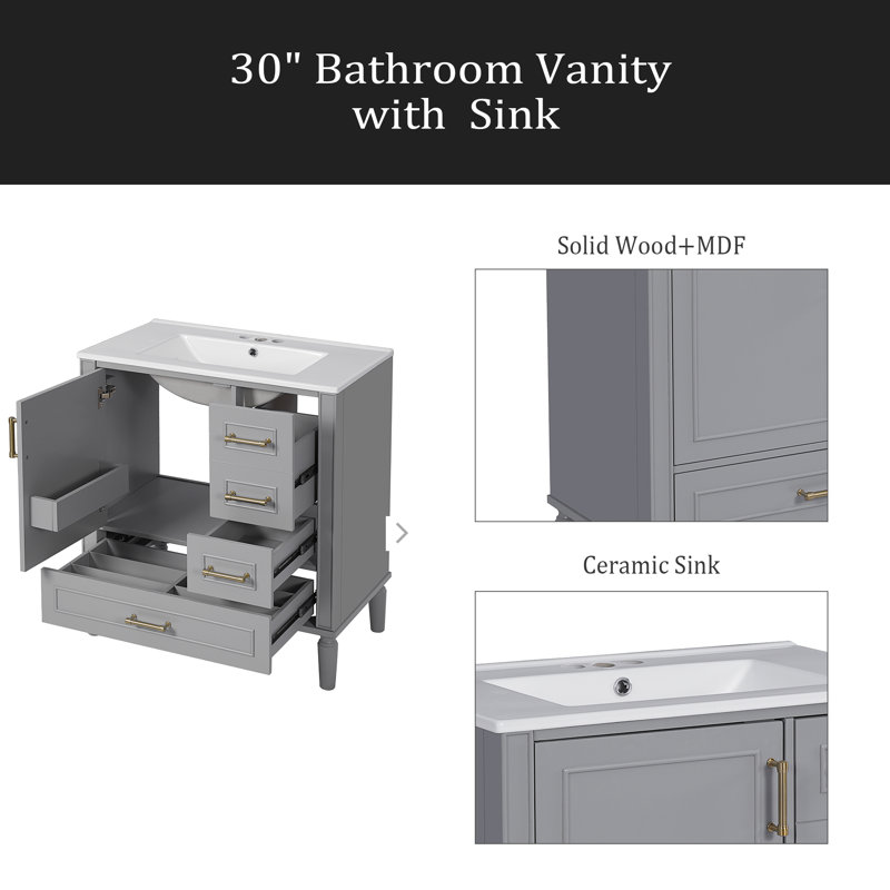 Meuble-lavabo de 30 po avec lavabo en céramique, porte à fermeture en douceur avec tablette intégrée, tiroir profond, tiroir standard, grand tiroir diviseur, grande armoire de rangement pour la salle de bain, design moderne et fonctionnel