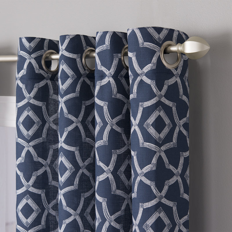 Ralon Polyester / Linen Light-Filtering Geometric Print Curtain Panel with Grommet Top, 50" x 84", Navy/Ivory