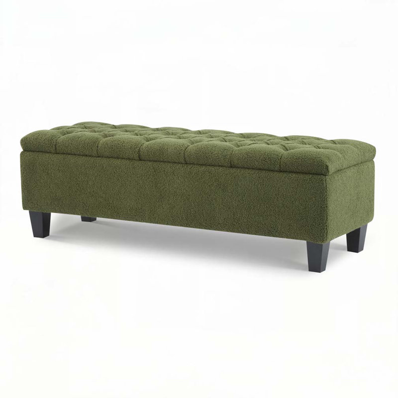 Boucle Upholstered Bench with Rubber Wood Legs,, Green