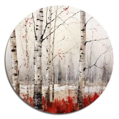 White And Red Birch Wood In Winter II - Floral Round Metal Art