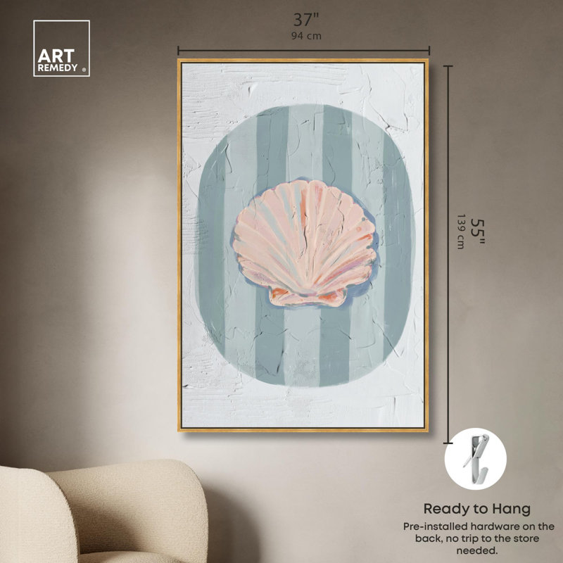 Reproduction côtière tendance Venus Shell par Art Remedy, H 55 po x l 37 po, Cadre flottant doré