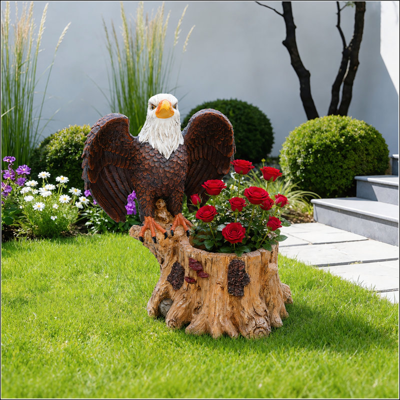 Majestic Eagle with Spread Wings Garden Planter Pot on Tree Stump Base for Outdoor Patio & Lawn