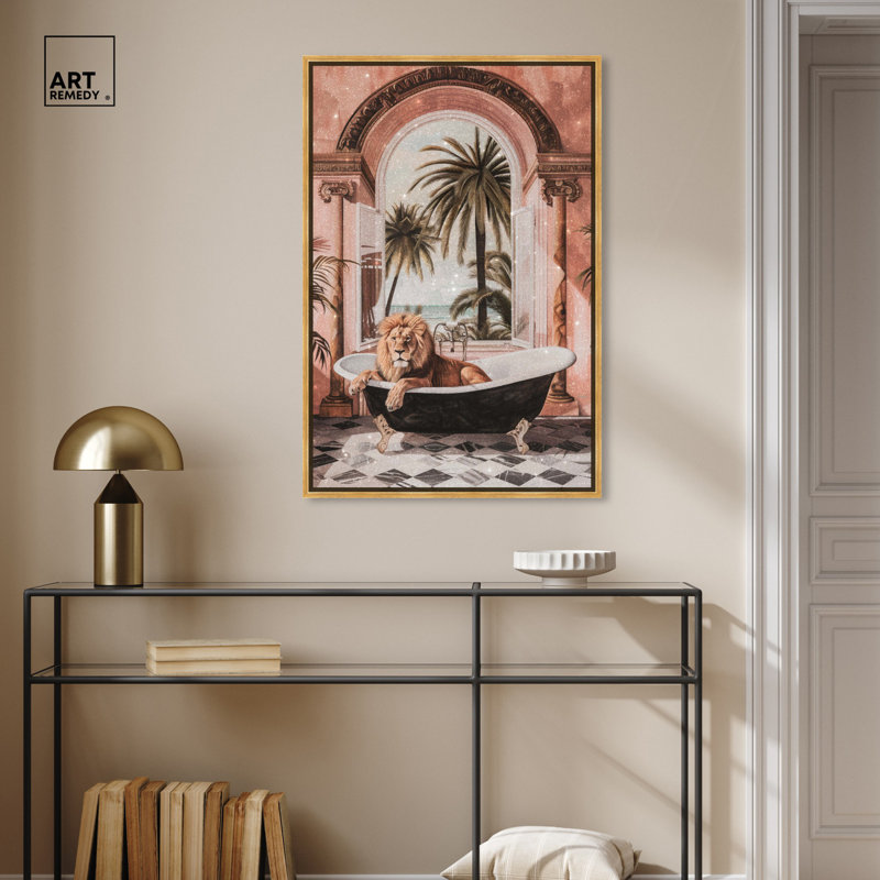«Sleeping Lion Bath» par Art Remedy, H 37 po x l 25 po, Cadre doré