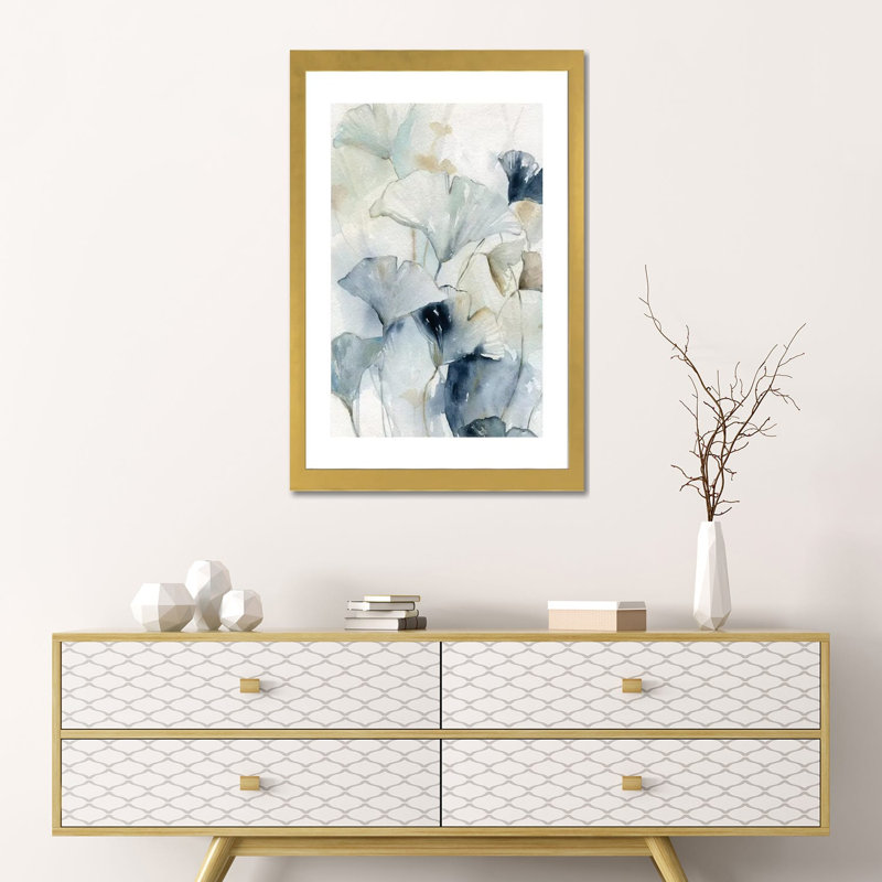 «Indigo Gingko I» par Carol Robinson - reproduction d'art, Blanc, Papier encadré doré, H 24 po x l 16 po x P 1 po