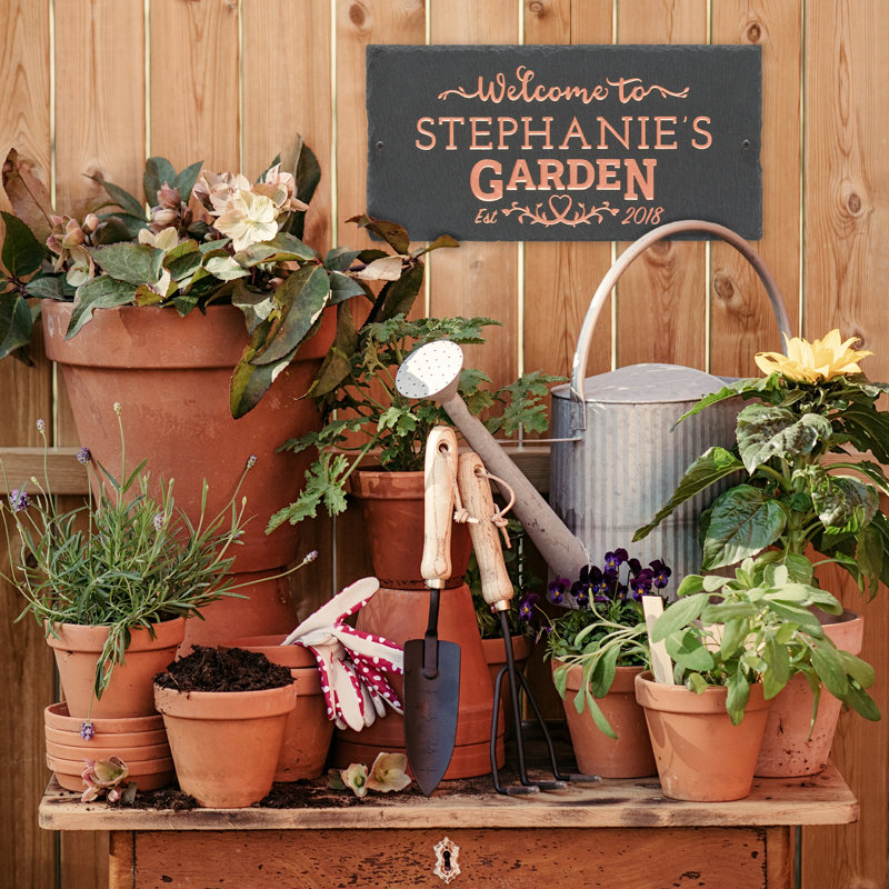 Garden Welcome 2-Line Personalized Etched Wall Slate Sign, Copper, Yes