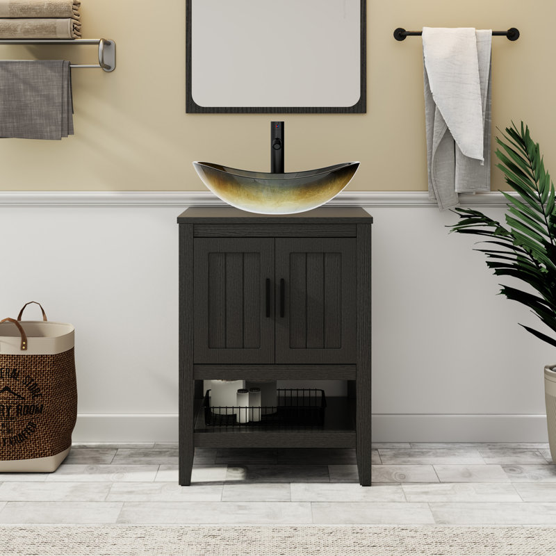 Sharee 24" Single Bathroom Vanity Set With Vessel Sink, Faucet And Drain, Assembly Required, Black