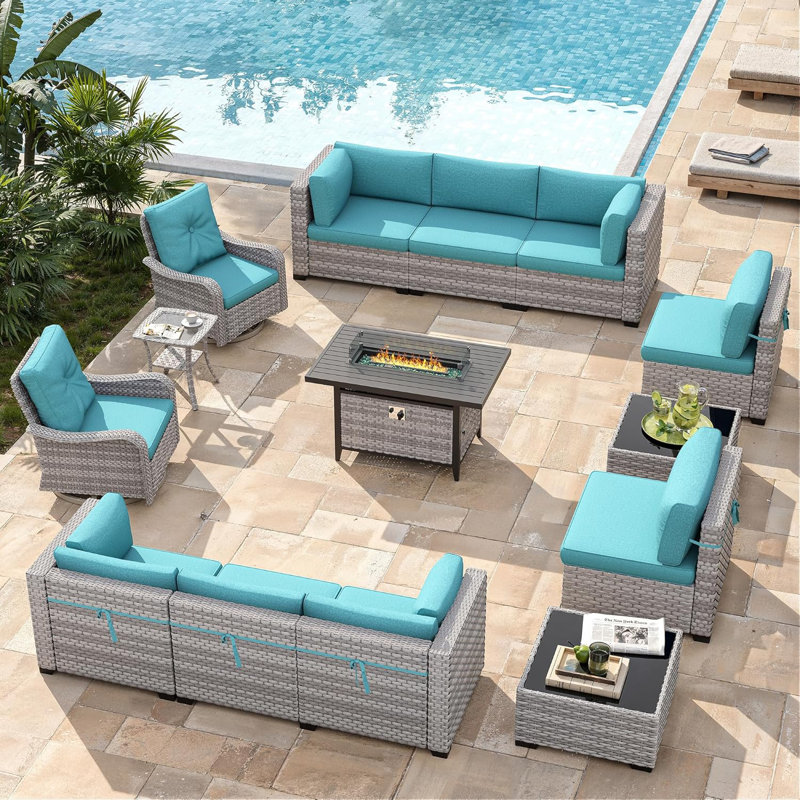 10 - Person Outdoor Wicker Patio Conversation Furniture Set with Fire Pit Table, Blue