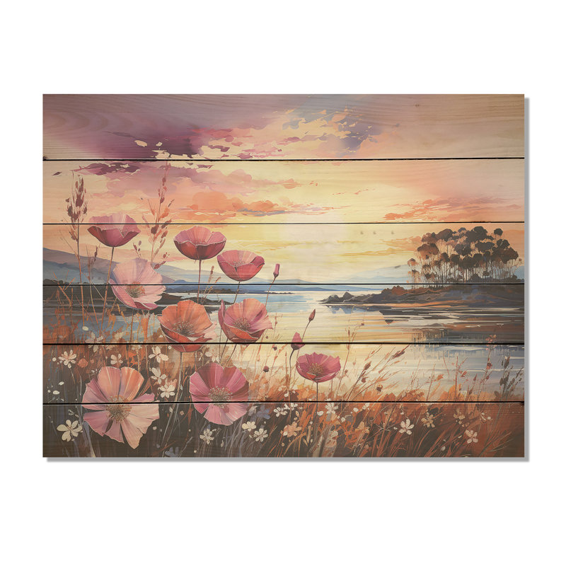 Wildflowers Sunset - Art mural en bois sur panneau de pin naturel Wildflowers, H 30 po x l 40 po