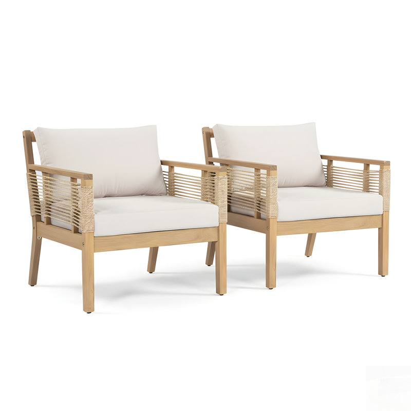 Patio Acacia Wood Club Chairs Set Of 2 With Hand-Woven Twist Rope For Backyard, Poolside