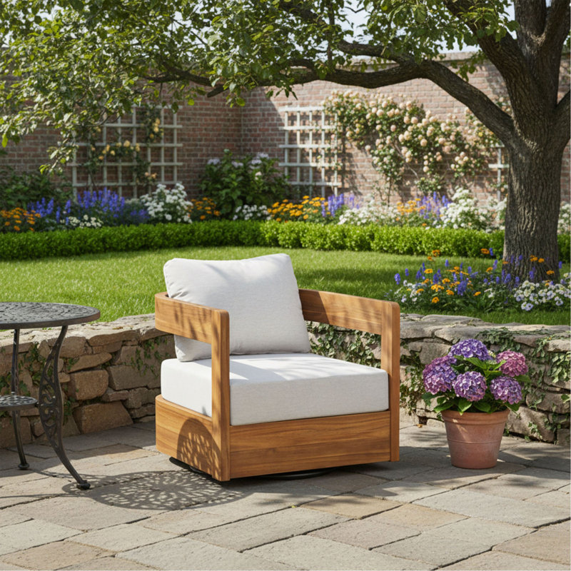 Fauteuil club pivotant en bois Telluride, finition teck avec coussin beige, Teck