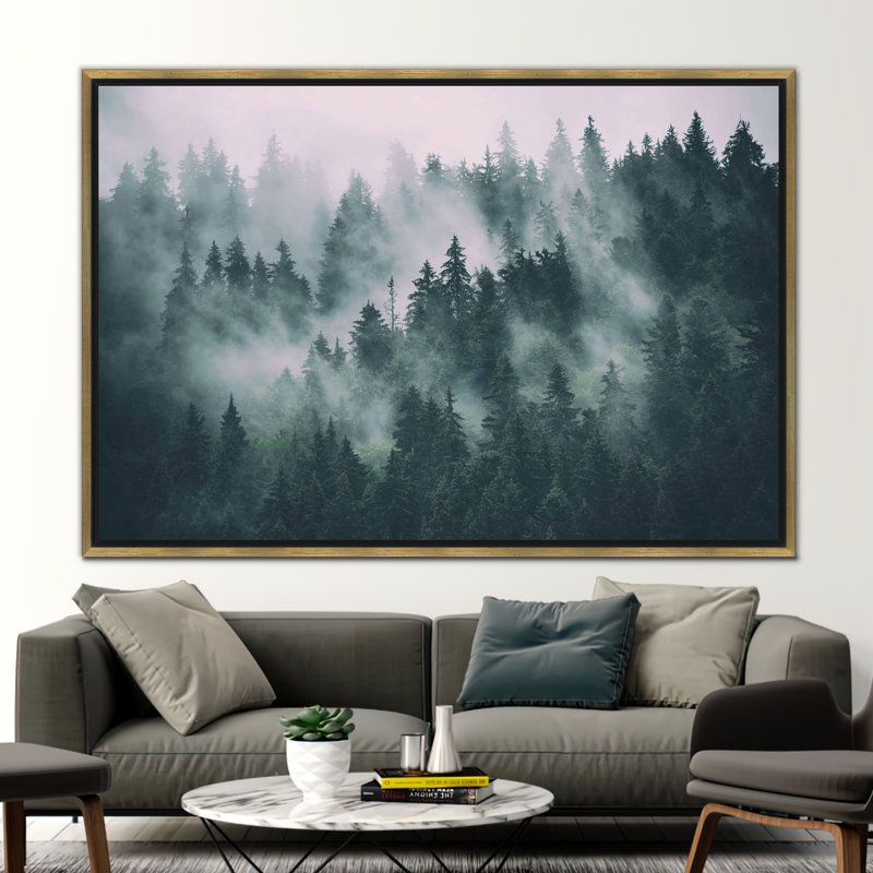 Misty Mountain and Forest Landscape View - Premium Canvas Art for Wall Decor, 40 cm H x 60 cm W, Gold Floater Framed