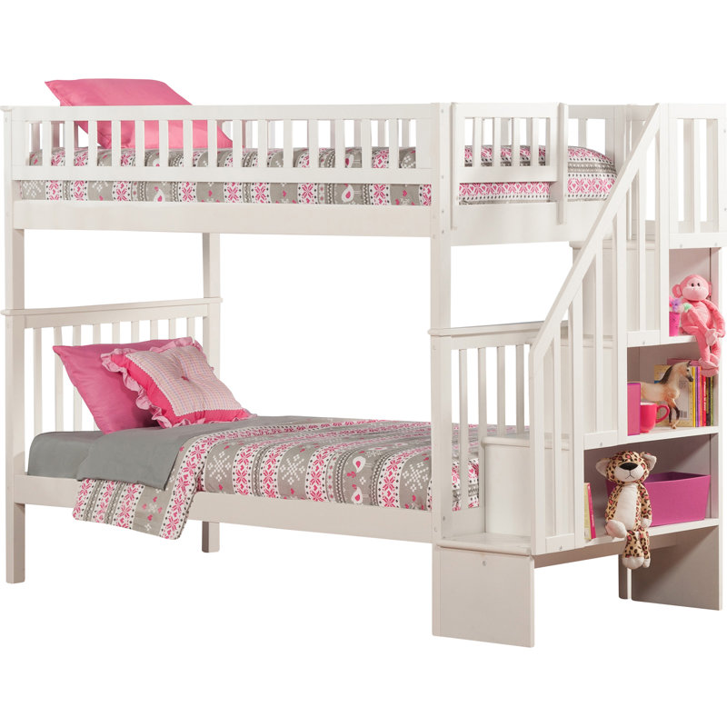 Lit superposé à escalier robuste pour enfants avec chargeur intégré Ilariana, Lit superposé double sur double, Blanc
