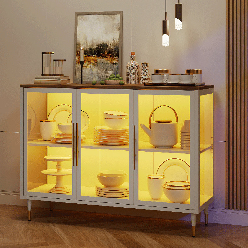 Buffet avec porte vitrée, tablettes réglables, éclairage RVB, Blanc