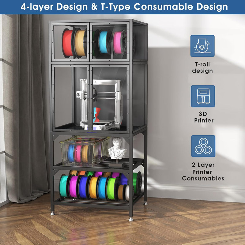 3D Printer Cabinet With Double Layer 3D Printer Filament Storage Rack,Acrylic Cabinet Doors & T-Bar Holder,Built-In Power Strip