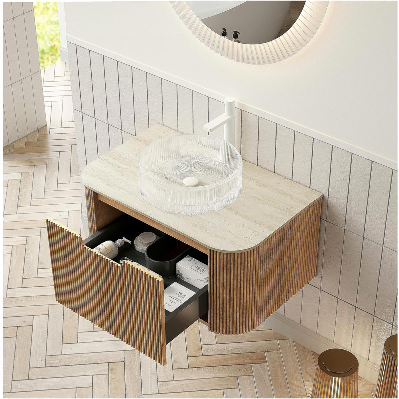 Meuble-lavabo et lavabo pour salle de bain 30 po avec tiroir, cuve en verre frangé et dessus en pierre frittée à motif de travertin, pré-assemblé, couleur de grain de bois naturel