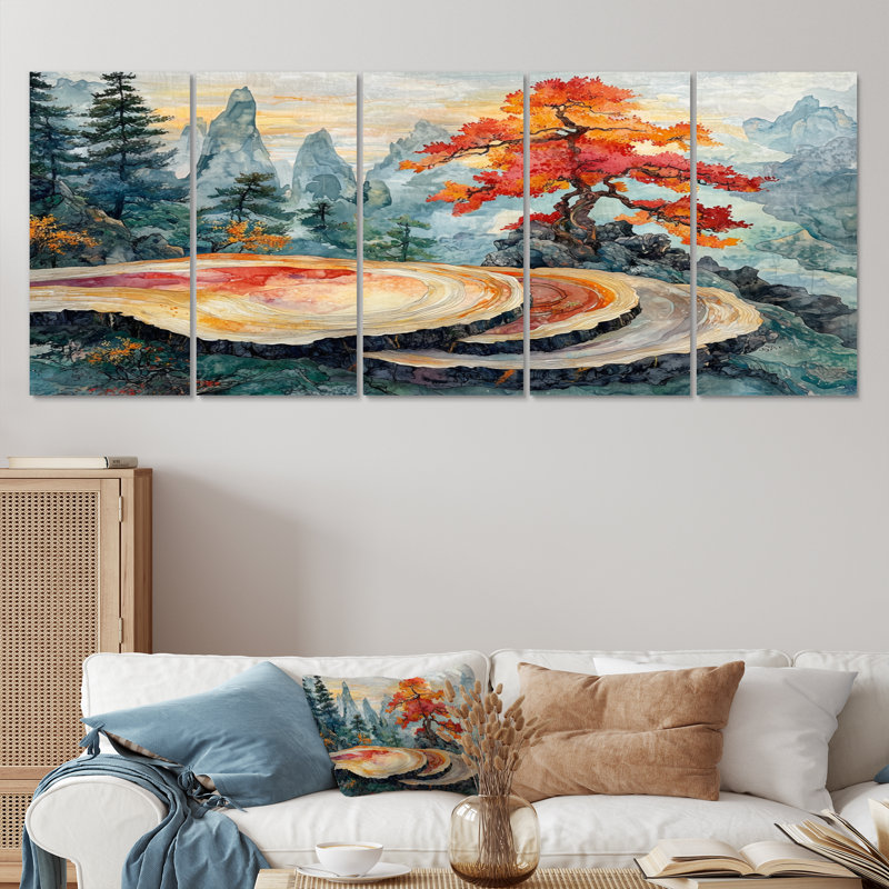 Tranquillity in an Asian Forest Landscape II - Art mural forêt - ensemble d'art mural traditionnel, H 32 po x l 80 po, 5