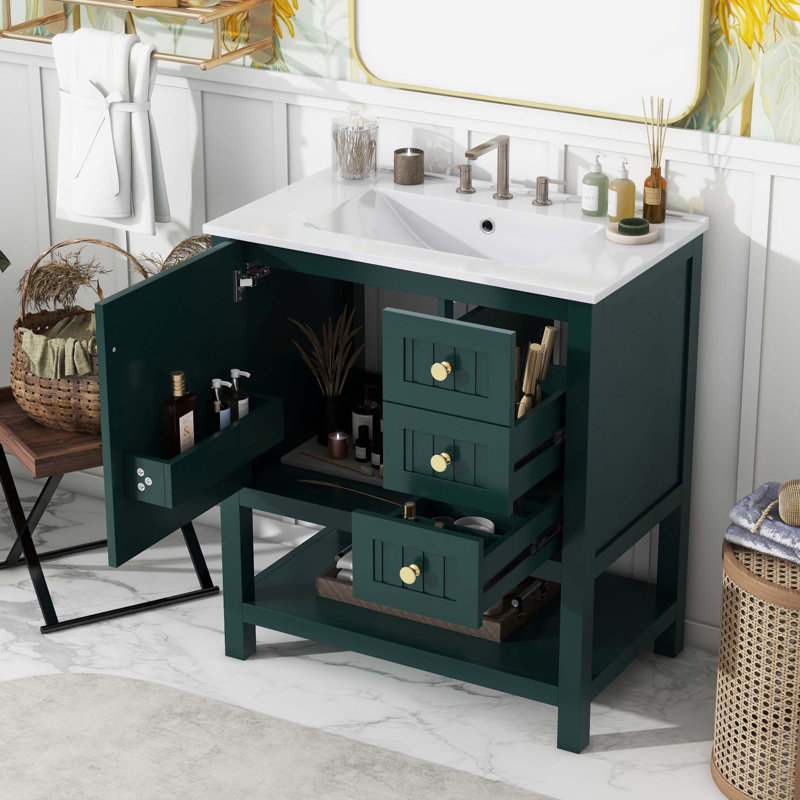 Meuble-lavabo 30 po style transitionnel avec lavabo en céramique, Vert