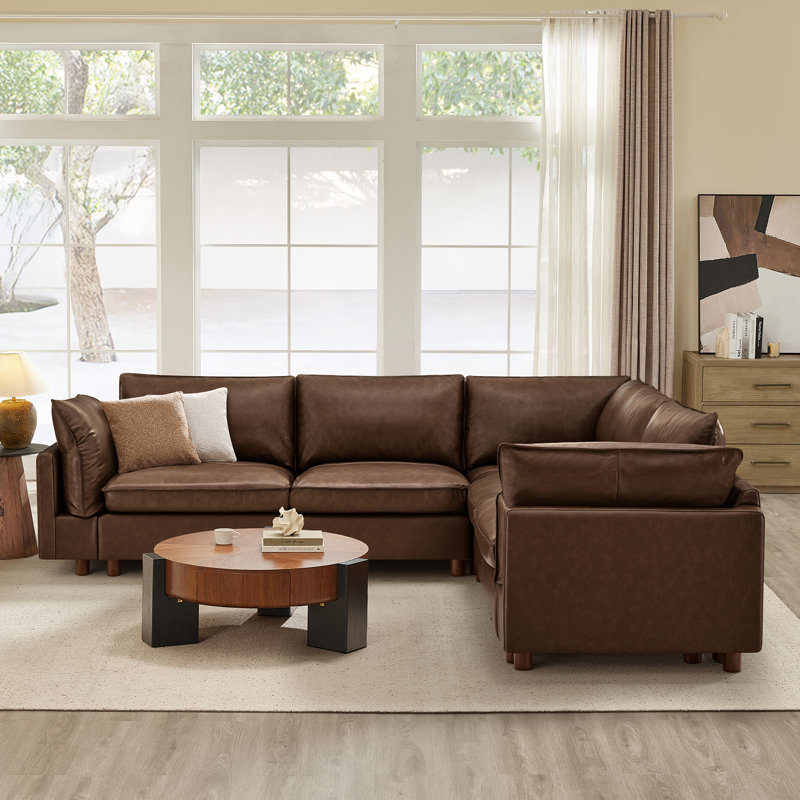 Canapé modulaire en cuir véritable 5 pièces avec base en bois massif Solena, Light Brown