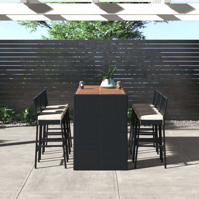 Arayla 6 - Person Acacia Wicker Patio Dining Set with Rectangular Table , Cushions Included