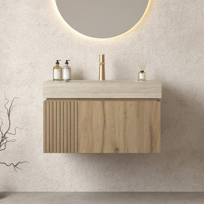 Meuble-lavabo de salle de bain 30 po avec lavabo, armoire de rangement murale en contreplaqué avec tiroir et porte, comptoir en pierre frittée à motif de travertin avec lavabo, pré-assemblé