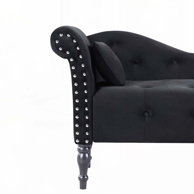 Méridienne intérieure veloutée capitonnée à boutons et garniture cloutée, Noir